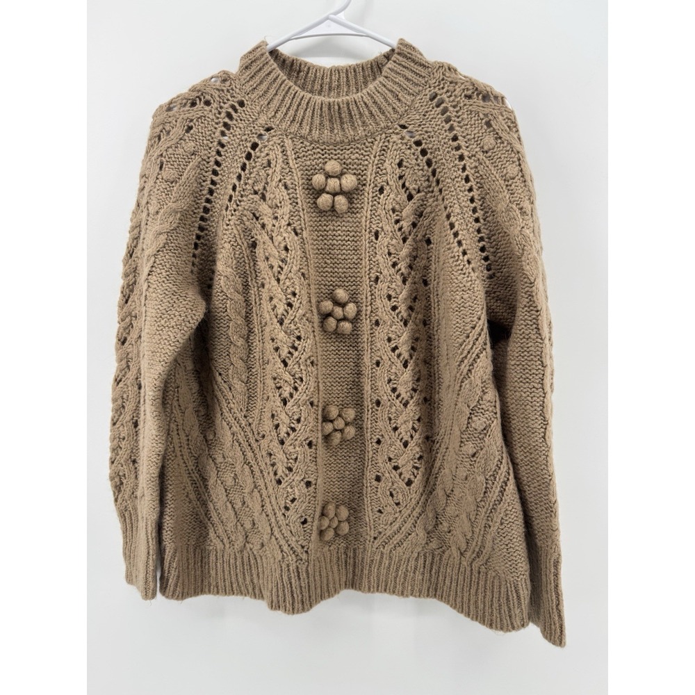 J Crew Women M Cable Knit Sweater Alpaca Wool Blend Tan Pompom Fishermen Classic